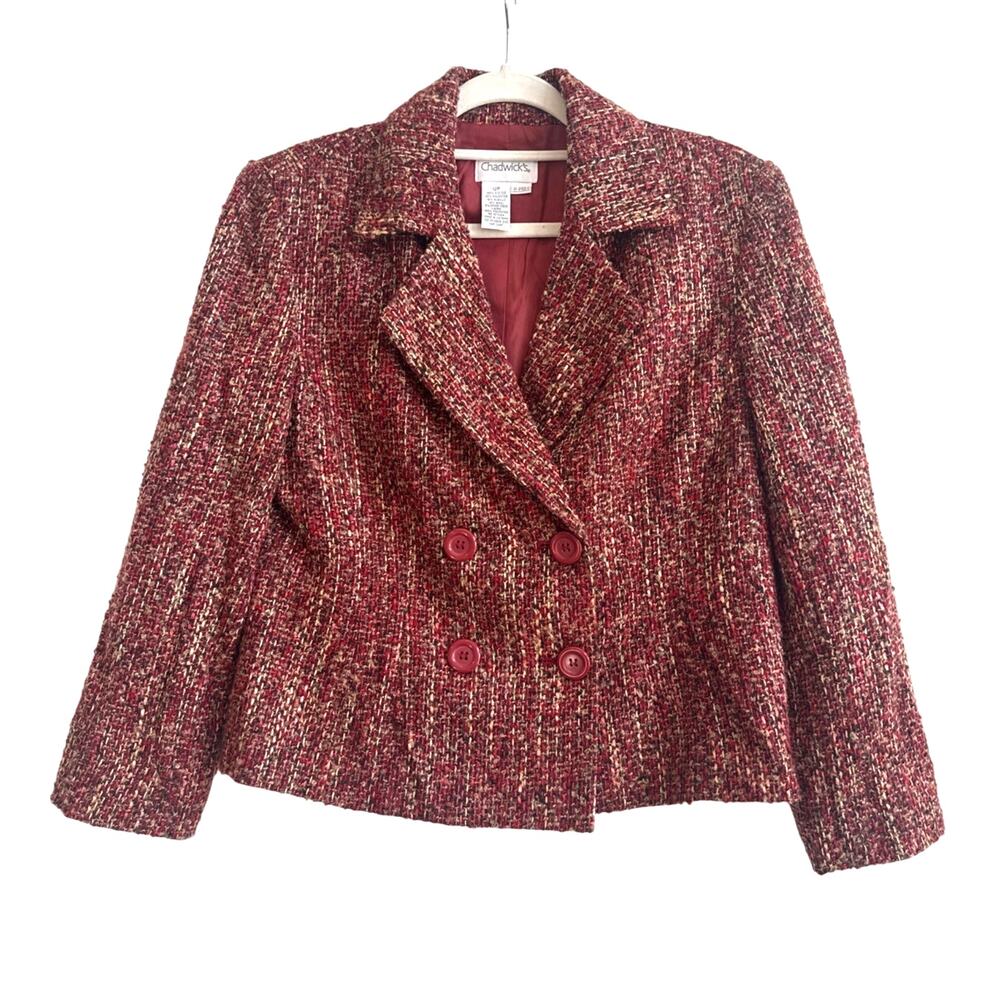 Chadwick’s Deep Red with Tan Tweed Button Closure Wool Blend Dress Blazer